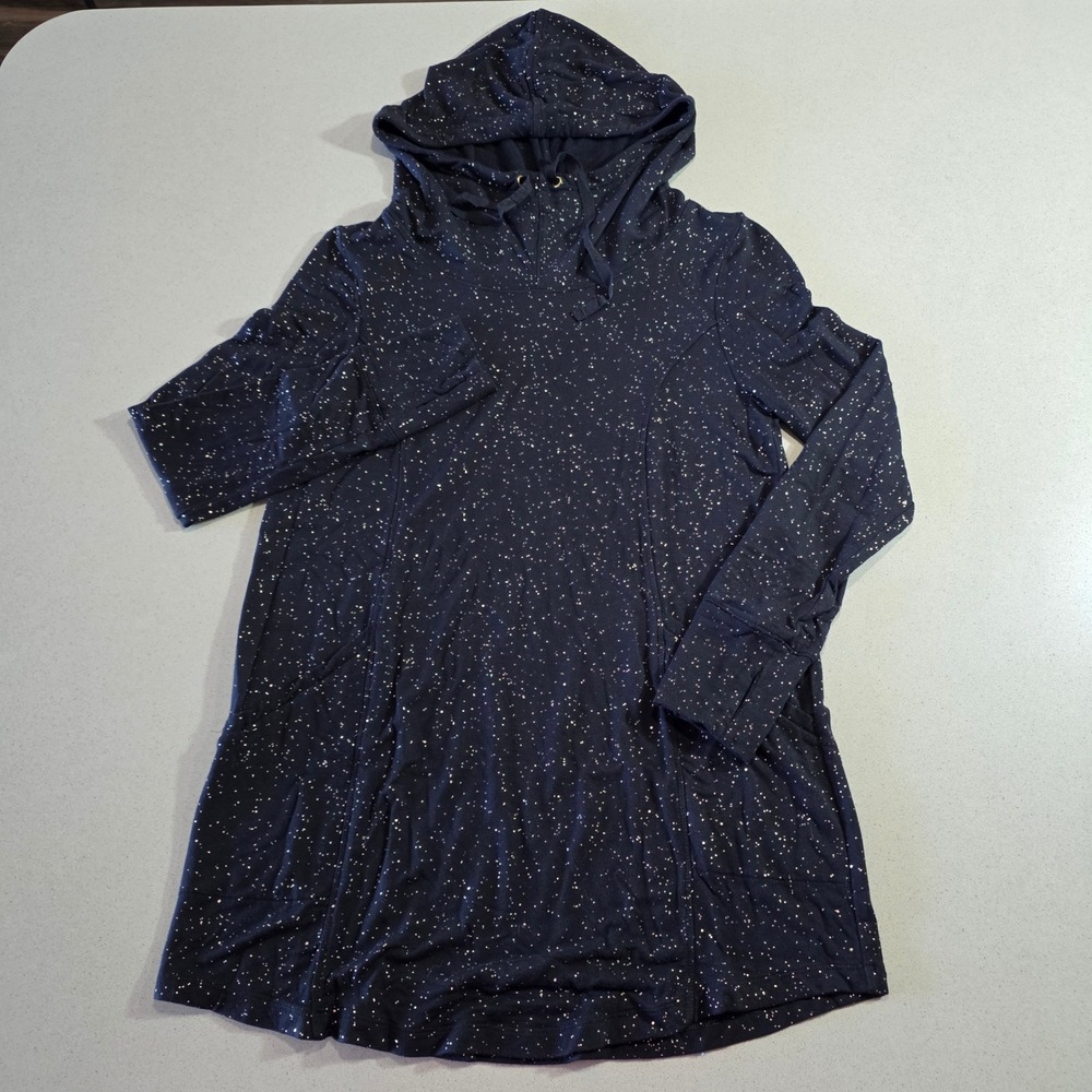 Soma Womens Small Navy Blue Gold Speckled Long Sleeve Hooded Tunic Pockets